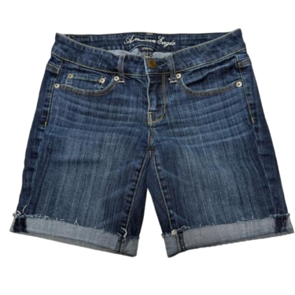 American Eagle Stretch Cuffed Dark Wash Cut Off Jean Shorts Size 4 # 1741